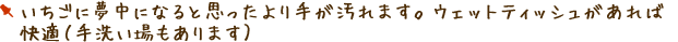 いちごに夢中になると思ったより手が汚れます。ウェットティッシュがあれば快適（手洗い場もあります）